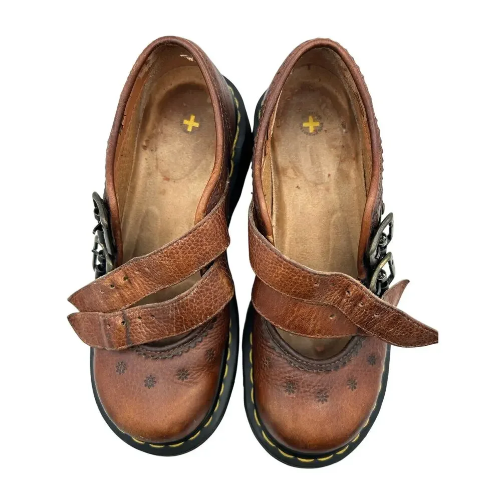 RARE Vtg Dr. Martens Women's 9Brown Leather Daisy Flower ShoesChunky Mary Jane - Picture 10 of 11